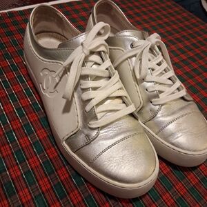 CHANEL Women's Metallic Silver and White Sneakers